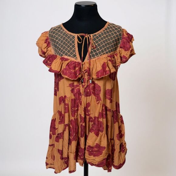 Free People Tilly Printed Tunic Dress • Medium • Coral & Burgundy Boho - Picture 5 of 10